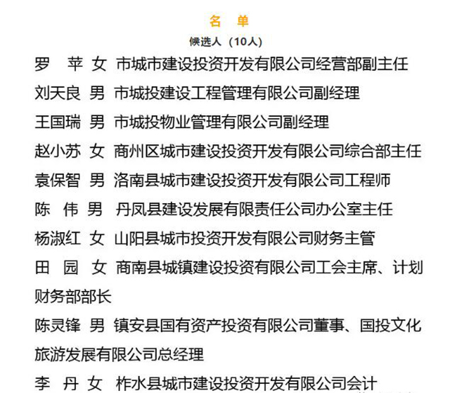商洛市&ldquo;最美城投人&rdquo;候选人及提名奖名单公示
